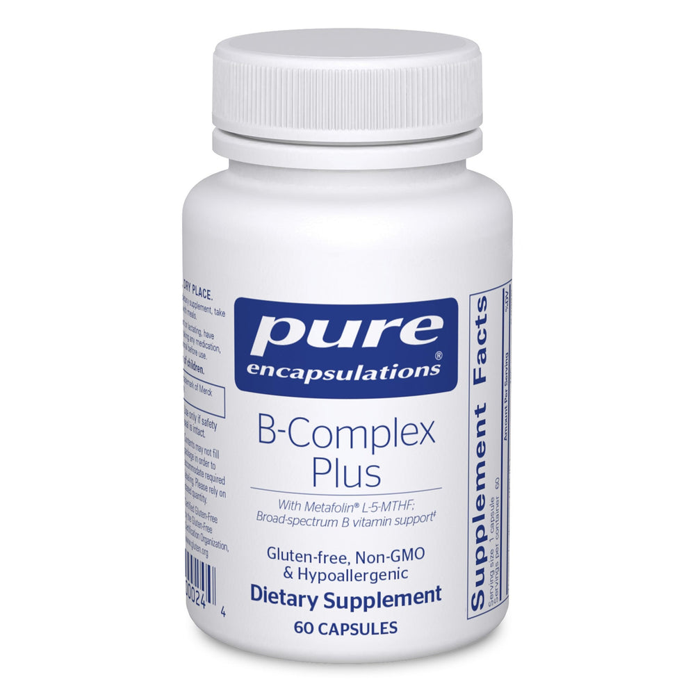 Pure Encapsulations B-Complex Plus bottle front highlighting energy and nervous system support.