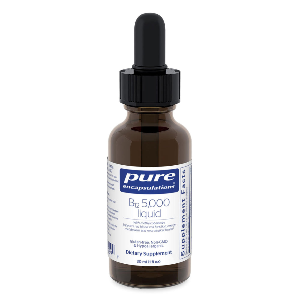 Pure Encapsulations B12 5,000 liquid bottle on countertop for daily energy support