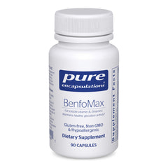 Pure Encapsulations BenfoMax 90's bottle with vegan, non-GMO info and metabolism support potential.