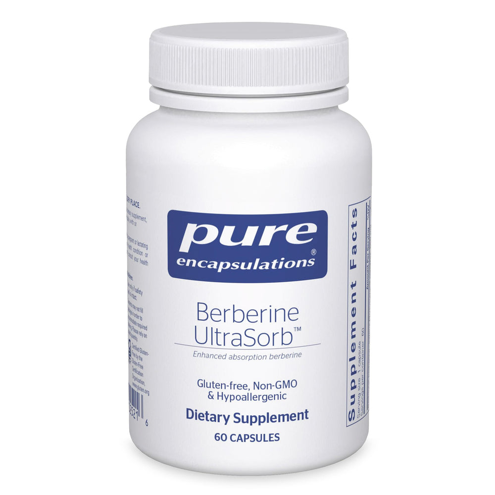 Pure Encapsulations Berberine UltraSorb bottle pour displaying capsules and potential metabolic support.