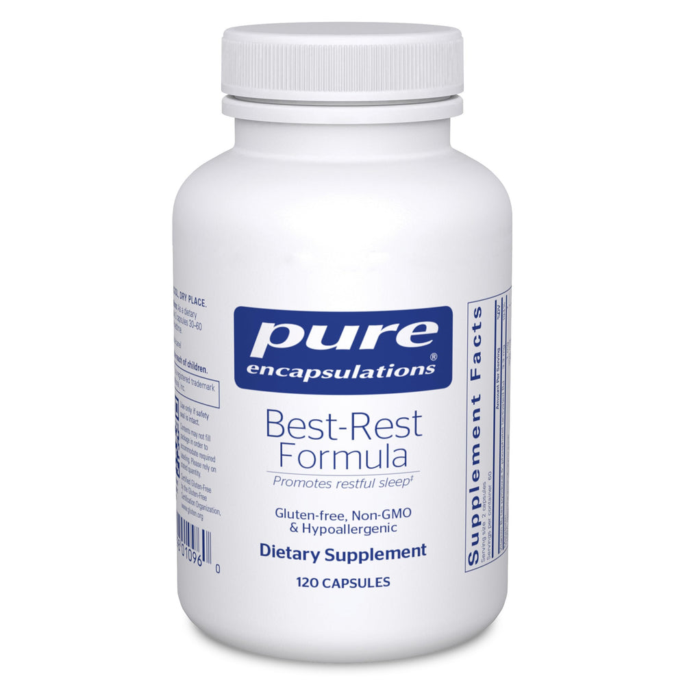 Pure Encapsulations Best-Rest Formula bottle on a nightstand to promote relaxation before bed