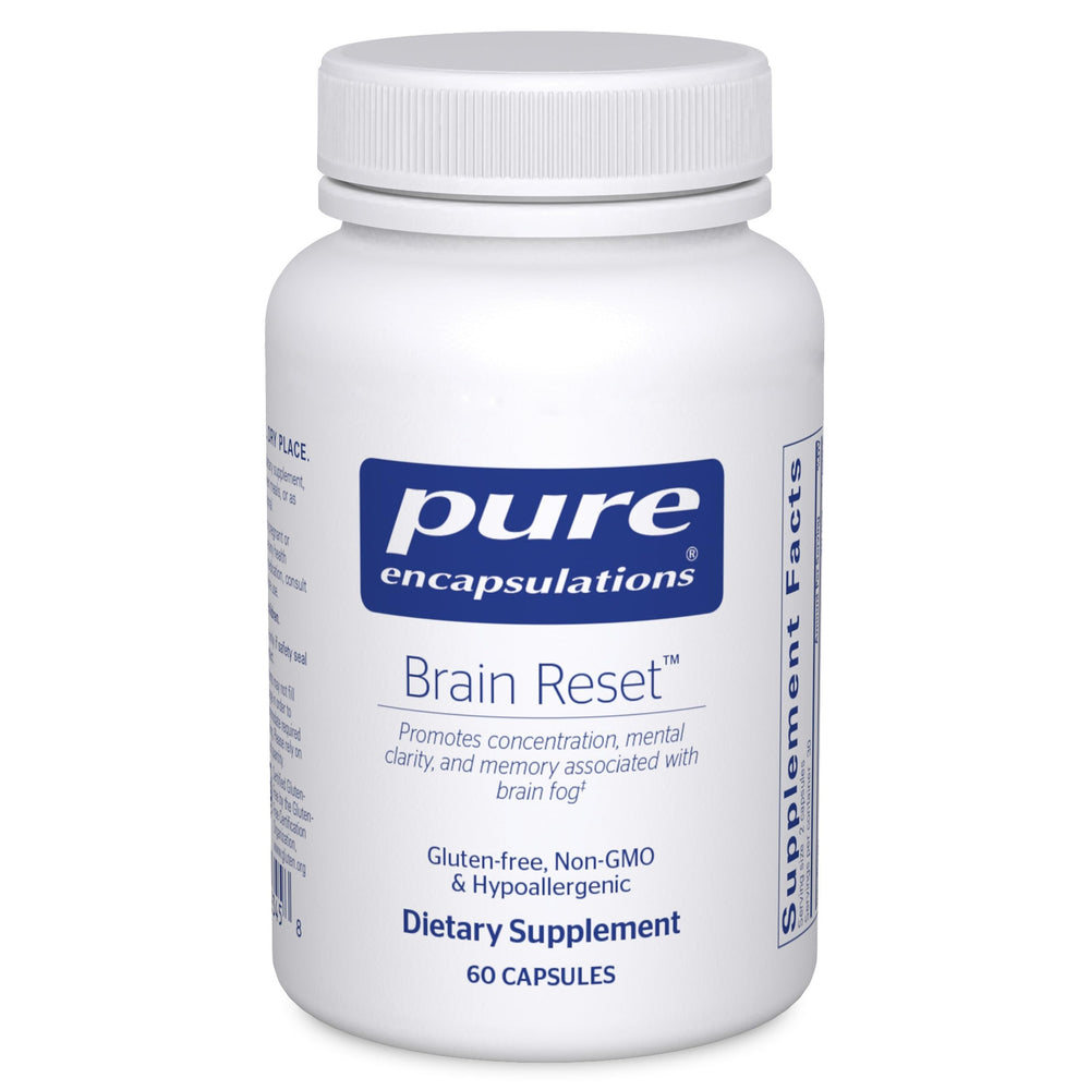 Pure Encapsulations Brain Reset capsules close-up highlighting focus and cognitive clarity potential.
