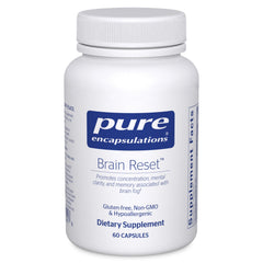 Pure Encapsulations Brain Reset capsules close-up highlighting focus and cognitive clarity potential.