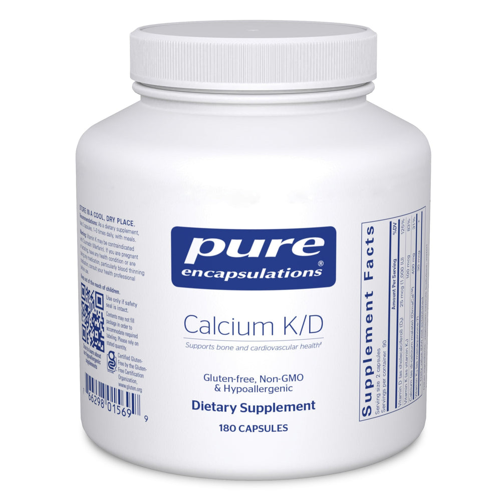 Pure Encapsulations Calcium K/D bottle on shelf highlighting bone support.