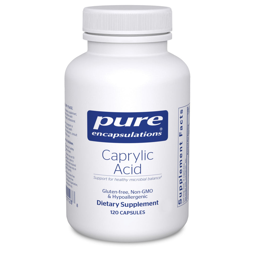 Pure Encapsulations Caprylic Acid bottle label closeup for gut health support