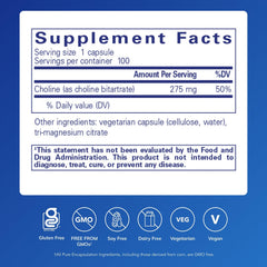 Pure Encapsulations Choline Bitartrate bottle highlights vegan, non-GMO formulation.
