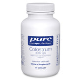 Pure Encapsulations Colostrum bottle shows 40% IgG for immune support potential.