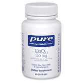 Pure Encapsulations CoQ10 120 mg bottle on shelf supporting cellular energy and heart health.