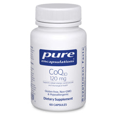Pure Encapsulations CoQ10 120 mg bottle on shelf supporting cellular energy and heart health.