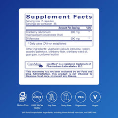 Cranberry D-Mannose capsules close-up showing vegan formulation.