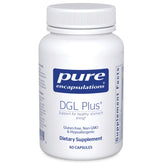 Pure Encapsulations DGL Plus bottle on a clean counter, vegan gut health support.