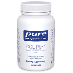 Pure Encapsulations DGL Plus bottle on a clean counter, vegan gut health support.