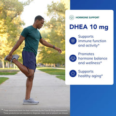 Closeup of Pure Encapsulations DHEA 10 mg capsules highlighting micronized dosing