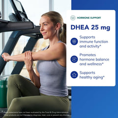 Packaging of Pure Encapsulations DHEA 25 mg emphasizes allergen-free quality.