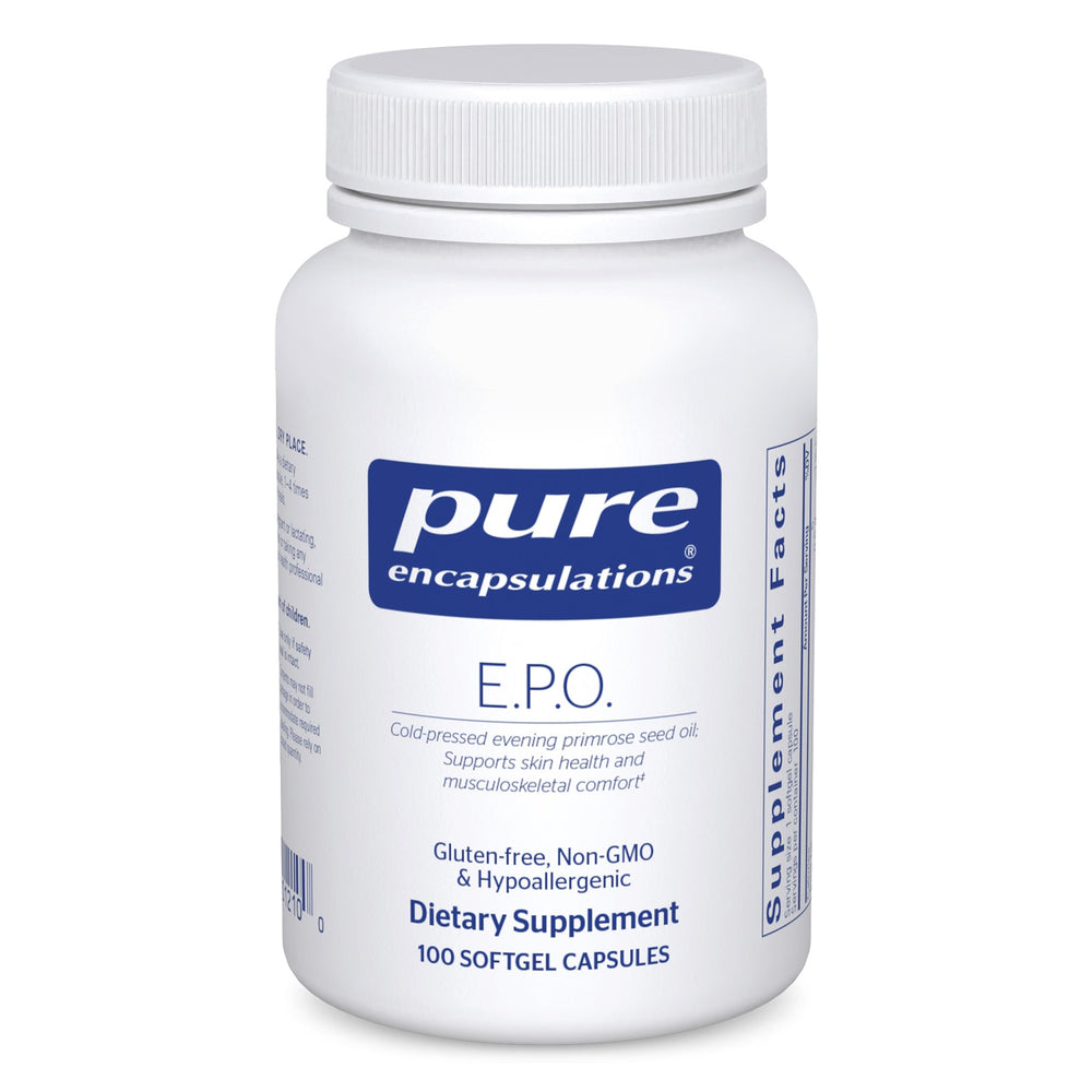 Pure Encapsulations E.P.O. bottle with 100 softgels for daily skin support.