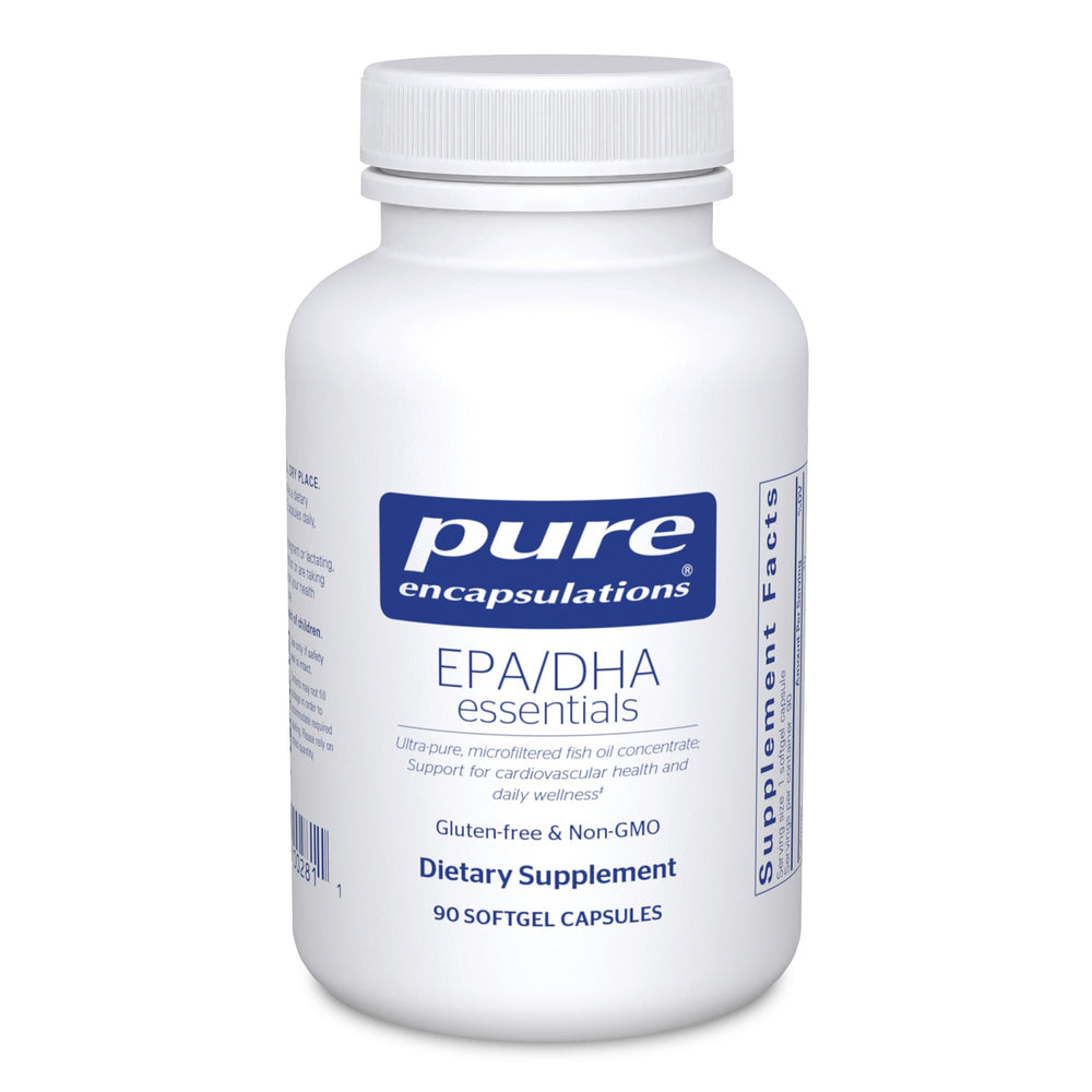 Pure Encapsulations EPA/DHA Essentials bottle front showcases clean design for trusted heart support.
