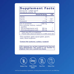 Pure Encapsulations EPA/DHA Essentials bottle label closeup highlights high-purity omega-3 ingredients.