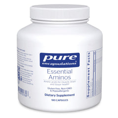 Pure Encapsulations Essential Amino Acids bottle label highlights a pure formula supporting muscle recovery and brain health