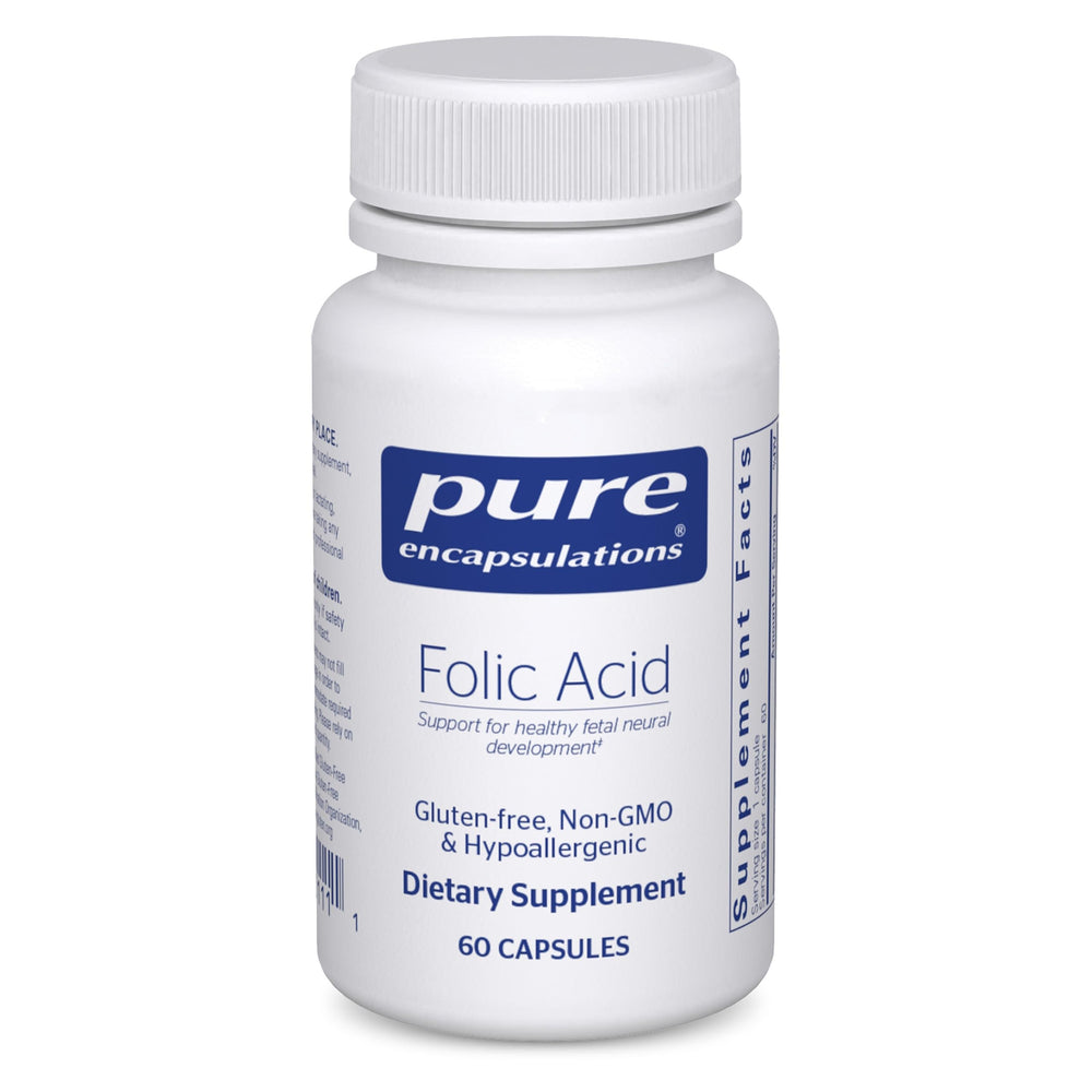 Pure Encapsulations Folic Acid bottle front view illustrating hypoallergenic formula for daily use.