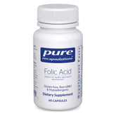 Pure Encapsulations Folic Acid bottle front view illustrating hypoallergenic formula for daily use.