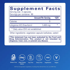 Pure Encapsulations L-Arginine capsules closeup highlighting free-form L-arginine for easy swallowing.