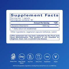Pure Encapsulations L-Tyrosine capsules close-up showing 500 mg dosage.