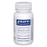 Pure Encapsulations liposomal glutathione bottle with softgels for immune and liver support.