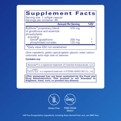 Close-up of Liposomal Glutathione capsules highlighting easy-to-swallow softgels.