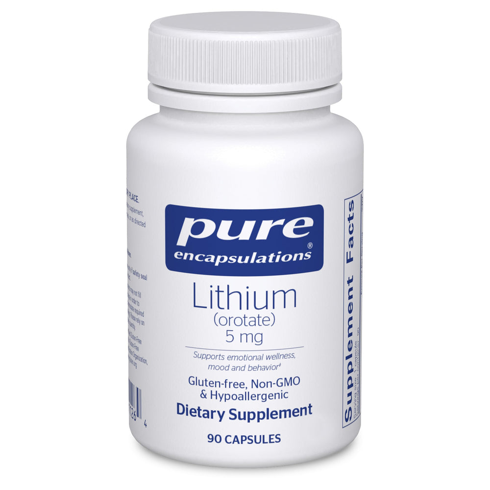 Pure Encapsulations Lithium Orotate bottle with 5 mg capsules for daily brain support