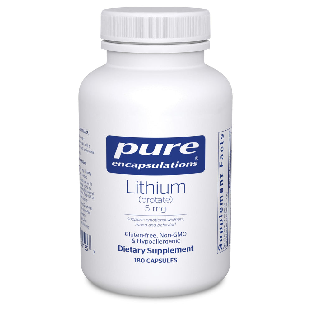Pure Encapsulations Lithium Orotate 5 mg bottle for daily brain support.