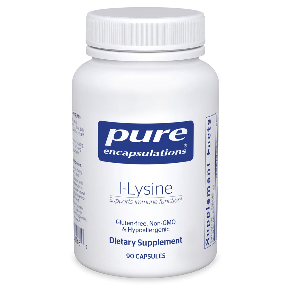 Pure Encapsulations L-Lysine capsules in bottle support immune function.