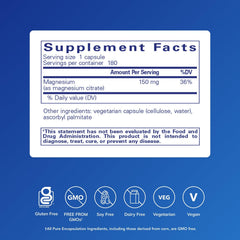 Pure Encapsulations Magnesium Citrate label close-up highlighting potency and allergen-free formula.