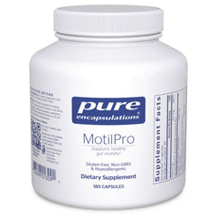 Pure Encapsulations MotilPro bottle closeup highlighting hypoallergenic formula for gut comfort