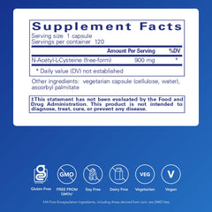 Pure Encapsulations NAC 900 mg bottle pour showing capsule intake for daily use