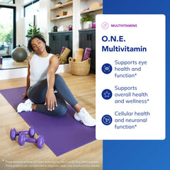 O.N.E. multivitamin tablets dispensed inside the bottle illustrate easy daily dosing.