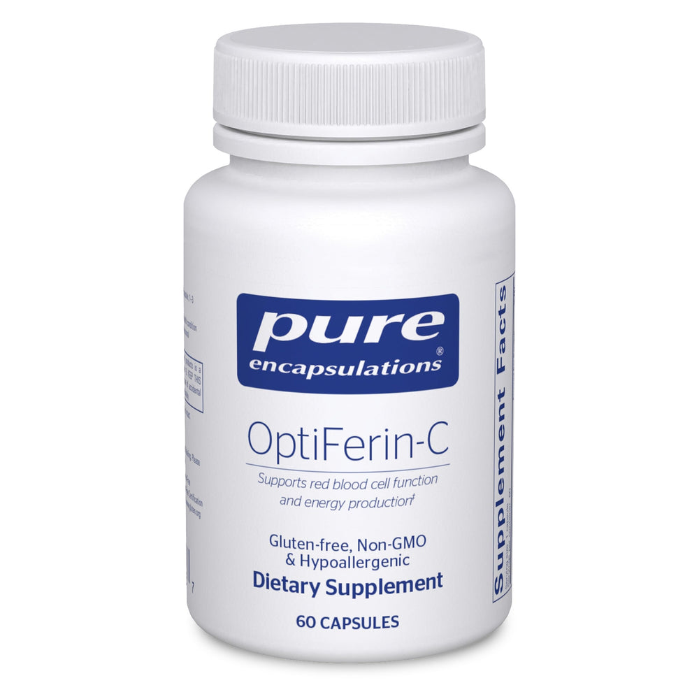 Pure Encapsulations OptiFerin-C bottle label highlights iron support and vegan vitamin C.