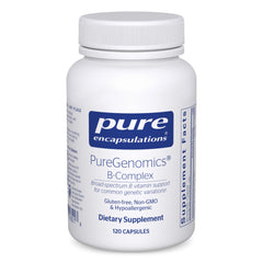 Pure Encapsulations PureGenomics B-Complex bottle showing activated vitamins for energy support.