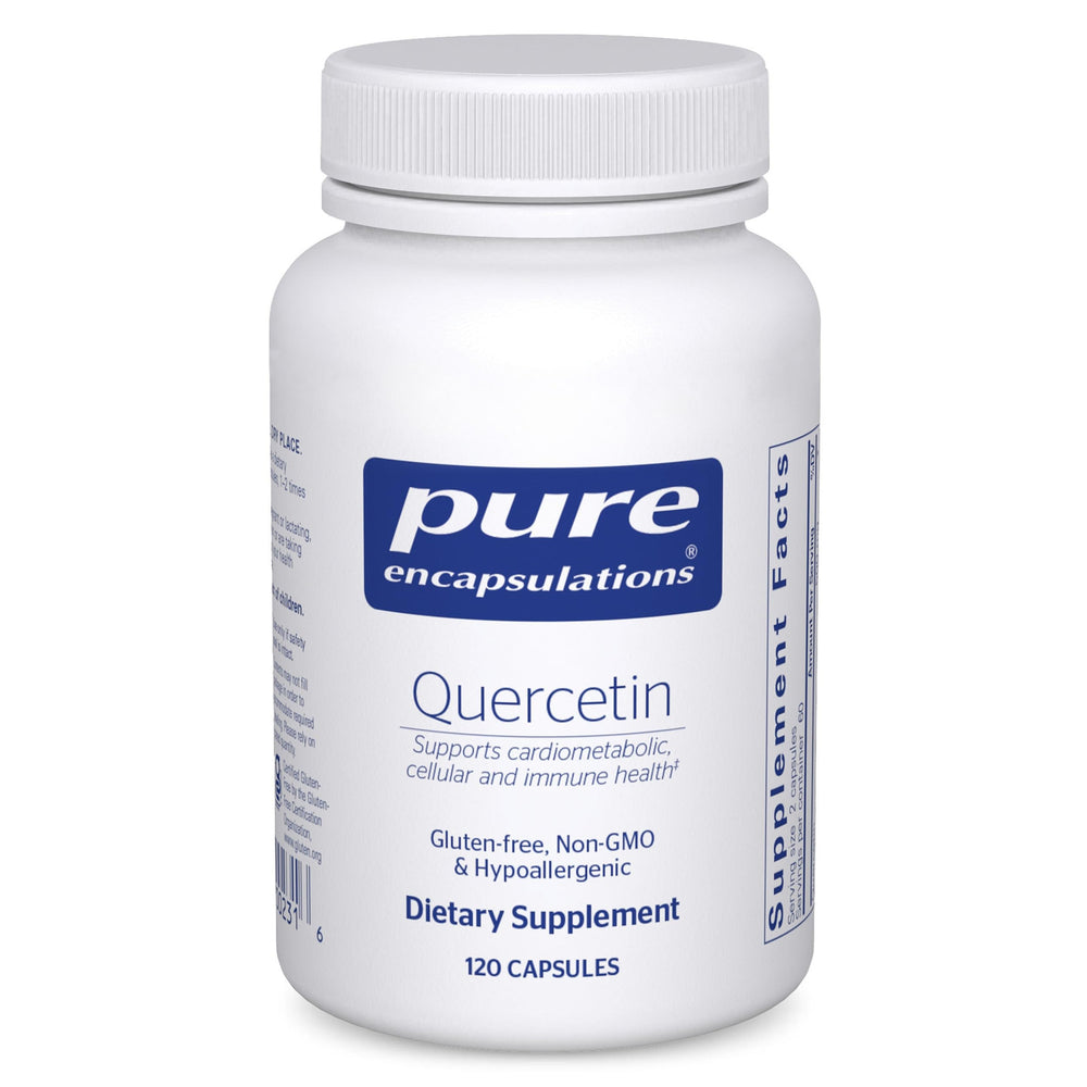 Pure Encapsulations Quercetin 500mg bottle close-up for daily immune and heart support.