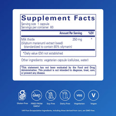 Close-up of Silymarin capsules highlighting vegan, non-GMO formula.