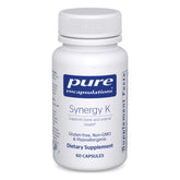 Pure Encapsulations Synergy K bottle front shows gluten-free, non-GMO formula for bone health.