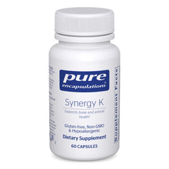 Pure Encapsulations Synergy K bottle front shows gluten-free, non-GMO formula for bone health.