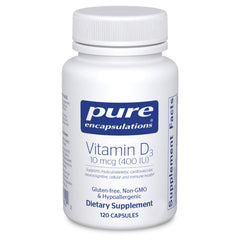 Pure Encapsulations Vitamin D3 bottle with capsules supports bone health.