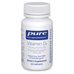 Pure Encapsulations Vitamin D3 bottle showing 125 mcg dose for bone support