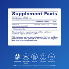 Pure Encapsulations Vitamin D3 250 mcg bottle cap on white background signals premium quality