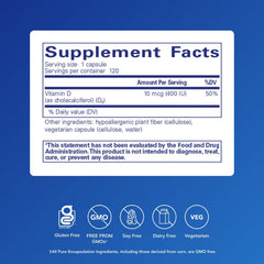 Close-up of Vitamin D3 capsules highlights hypoallergenic formula.