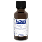 Pure Encapsulations Vitamin D3 Liquid bottle beside a glass for easy daily use.