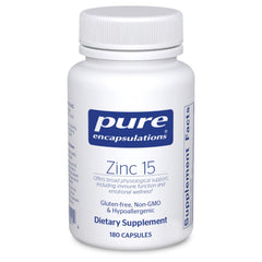Pure Encapsulations Zinc 15 mg bottle front signals daily immune support.