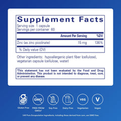 Pure Encapsulations Zinc 15 mg bottle label close-up, zinc picolinate for daily immune support.