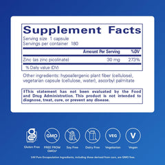 Pure Encapsulations Zinc 30 mg label close-up emphasizing absorption