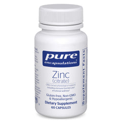 Pure Encapsulations Zinc citrate bottle highlights immune support and high absorption.